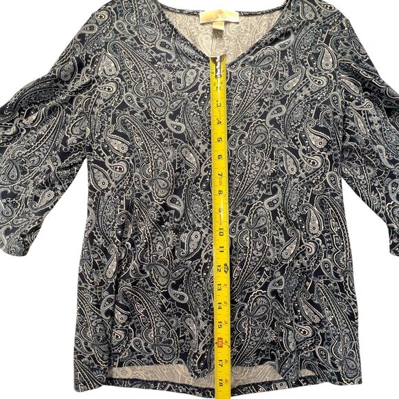 Michael Kors Paisley Bell Sleeve Top Metallic Shoulder VNeck Navy White S Womens - Picture 9 of 11